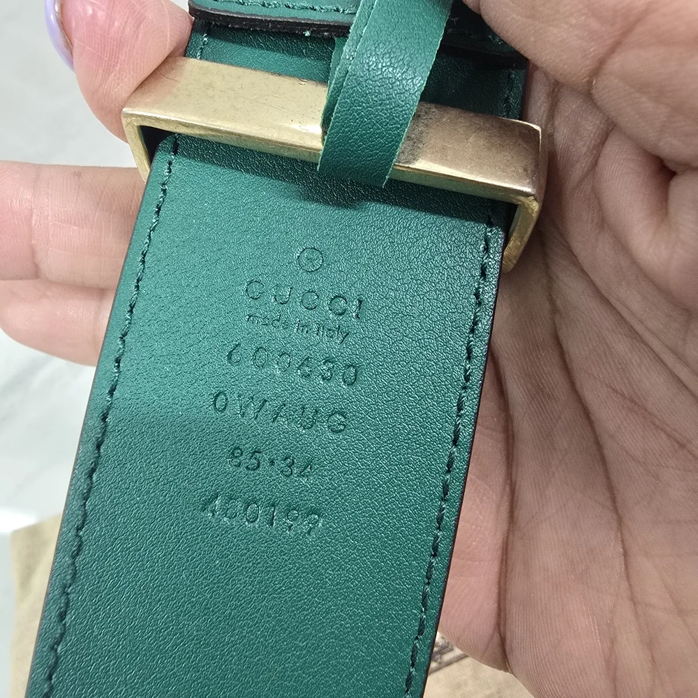 🔥RARE🔥Gucci Green Leather Logo Belt with Jeweled Double G Buckle - Picture 6 of 7